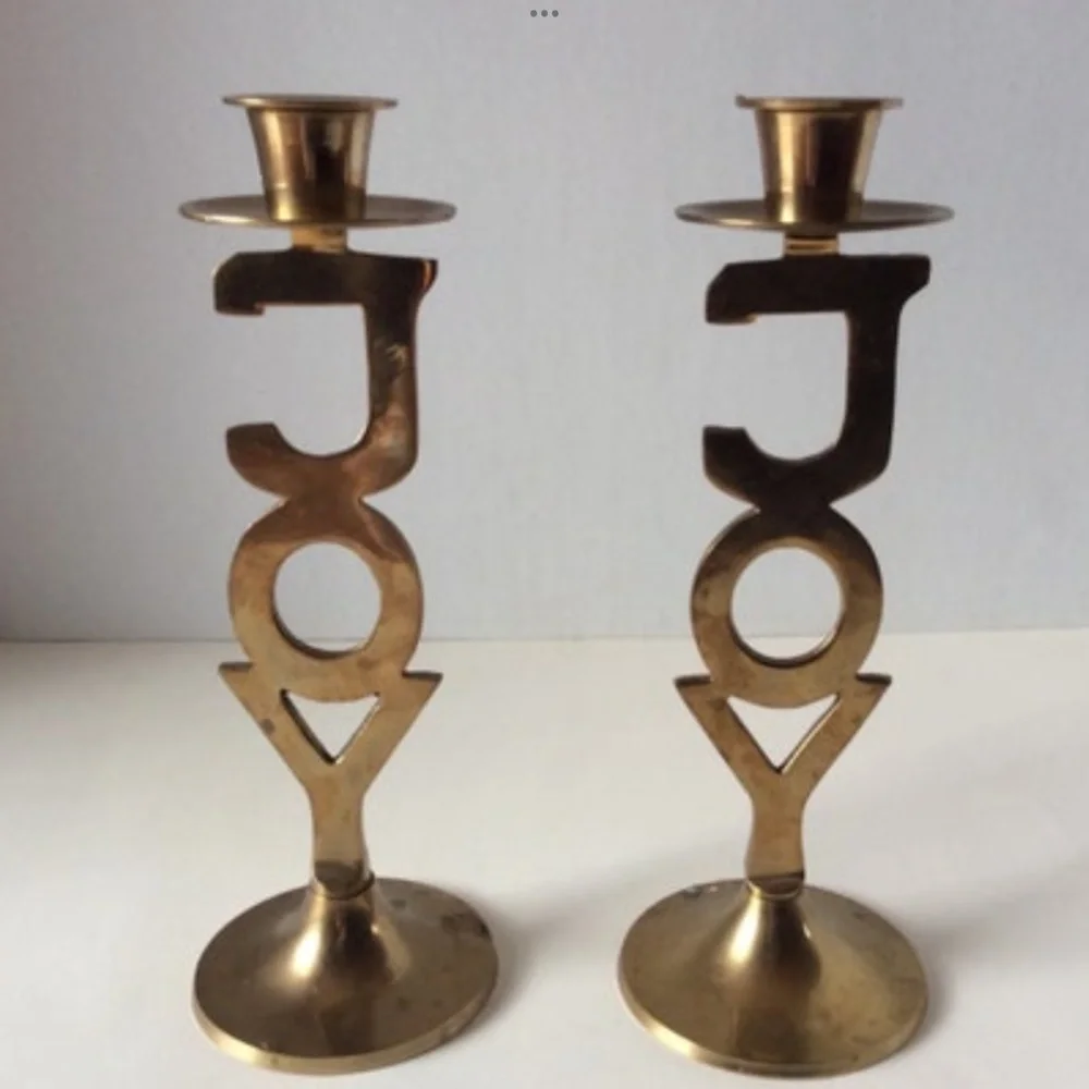 Vintage Brass Candlesticks JOY Candle Holder Set Christmas Holiday Gold Pair